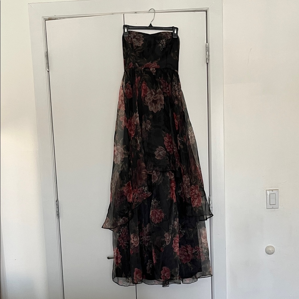 Floral Black and Red Strapless Dress